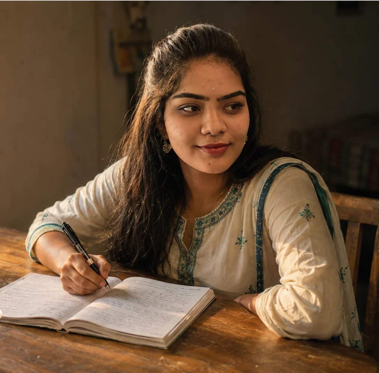 Kalyani Krishnan at a wooden table, writing with a fountain pen in a filled notebook