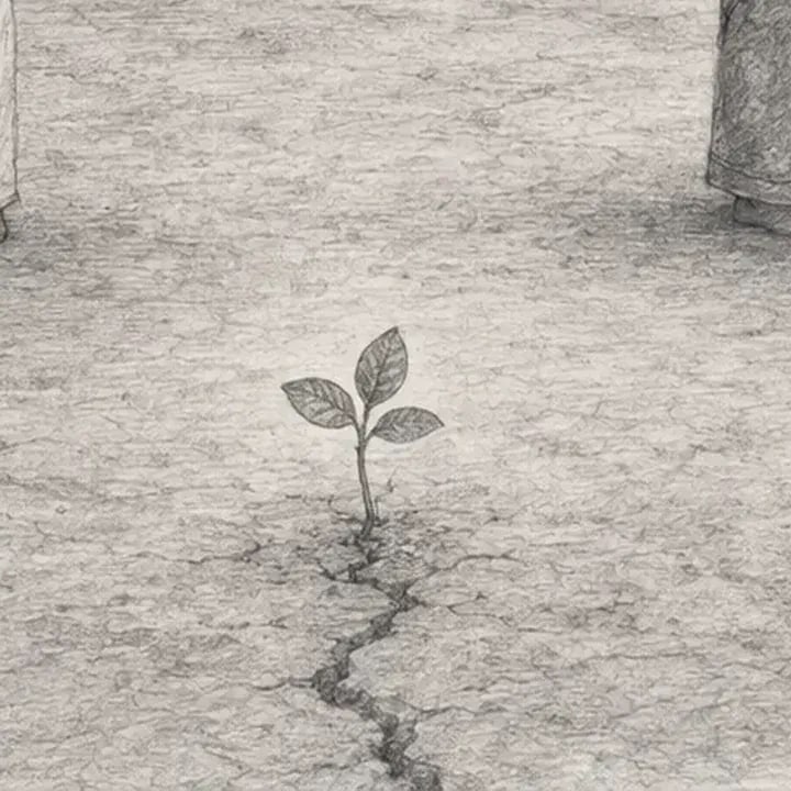 A shoot growing from a crack in the courtyard